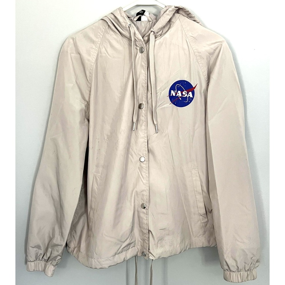 NASA Jacket Womens M Beige Hooded Windbreaker Snap Button Logo H&M Divided EUC